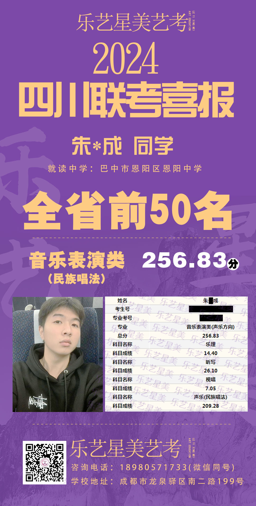 来自巴中恩阳中学朱贵成同学声乐表演（民族）方向256.83分，斩获全省前50名！